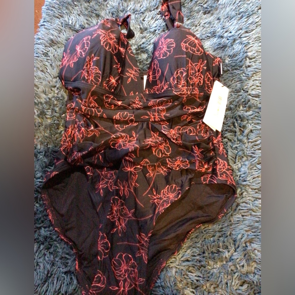 Calvin Klein Black One-Piece Swimsuit with Red Floral Print